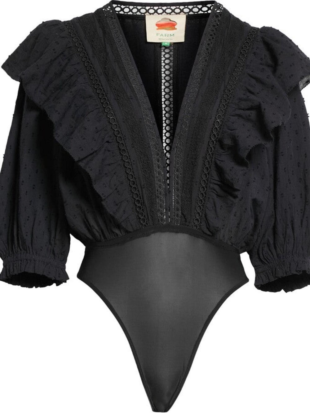 Farm Rio Black Plunge Neckline Ruffle Bodysuit – Size M - Picture 4 of 9
